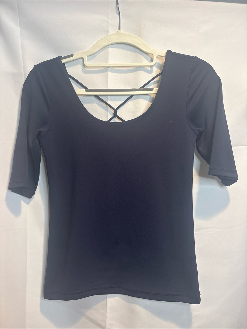 Sweaty Betty Navy Short Sleeve Scoop Neck Top with Crisscross Back